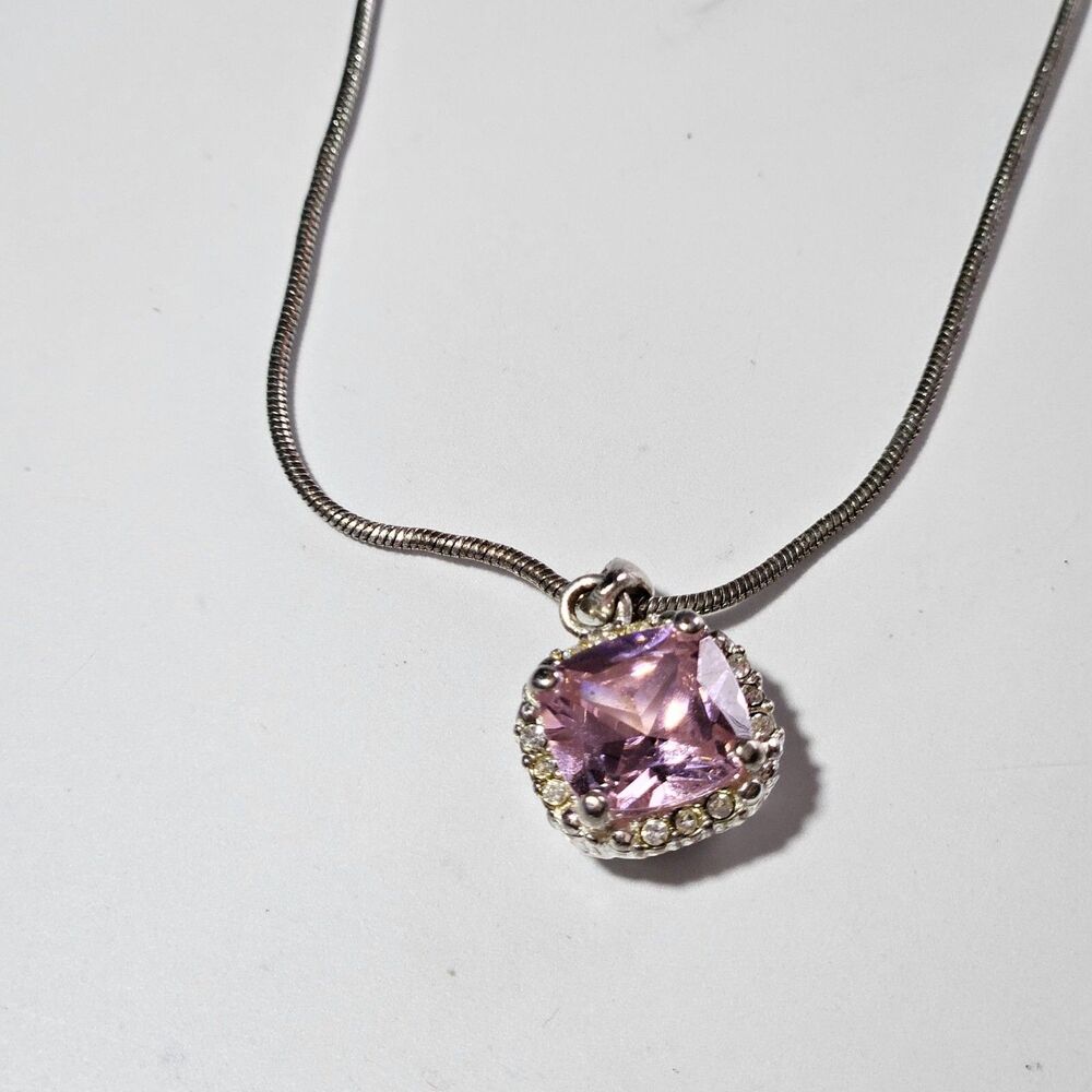 Avon Silver Tone Pink Rhinestone Pendant Necklace 16.5-19" Clear Accents